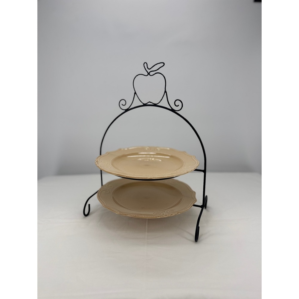 2 Tier Serving Stand with Apple Motif and Scalloped Tan Ceramic Plates - Picture 4 of 6